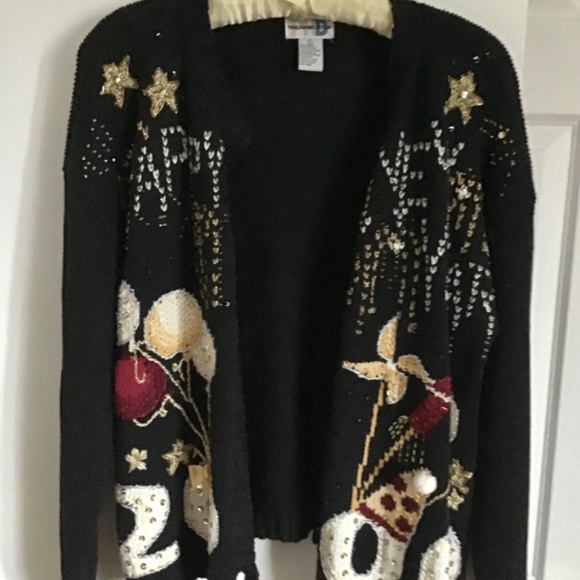 Vintage Y2K Paul Harris Design Black Sweater Cardigan Happy New Year 2000 Size L - Picture 4 of 8